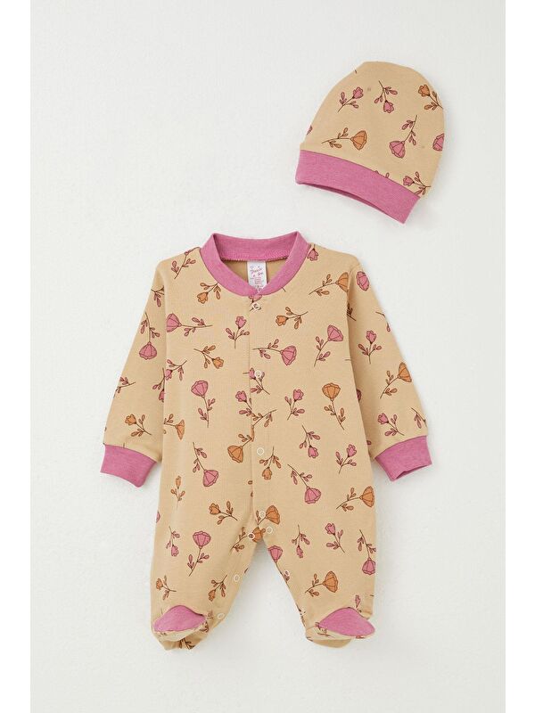 Breeze Kız Bebek Patikli Tulum Çiçek Desenli Açık Kahverengi (0-6 Ay)
