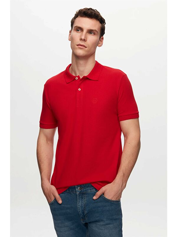 D'S damat Regular Fit Kırmızı %100 Pamuklu Kıvrılmaz Polo Yaka Nakışlı Tişört