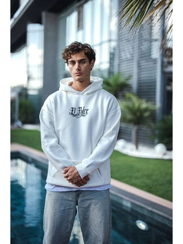 Jane's Üç İplik Penye Kapüşonlu Baskılı Sweatshirt - Beyaz