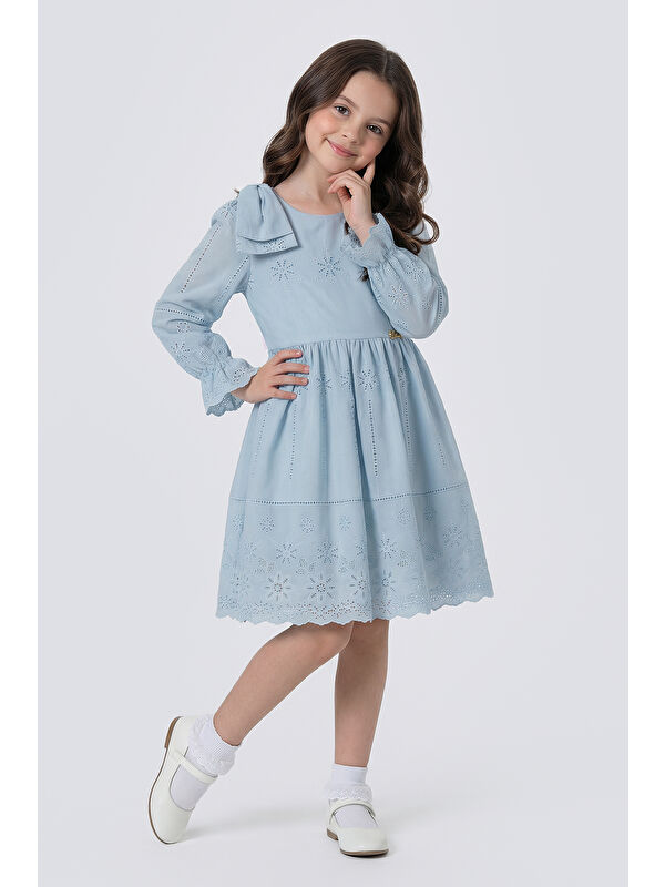 Pina Kids Kız Çocuk Omzu Fiyonk Detaylı Uzun Kollu Fisto Elbise