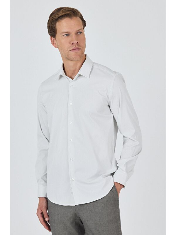 İMZA Beyaz Sert Yaka Cepsiz Gabardin Uzun Kol Slim Fit Esnek Gömlek 1004250231