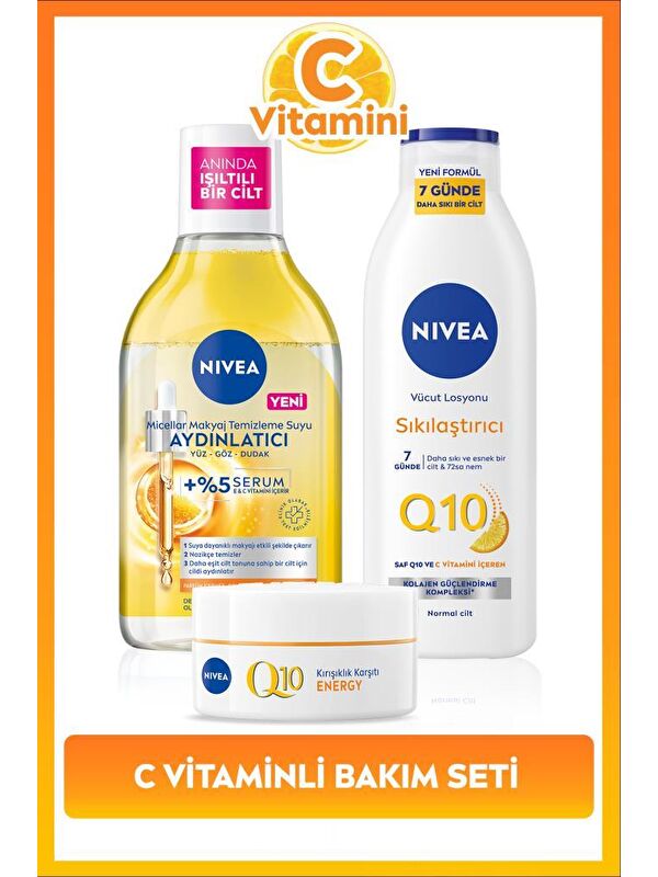 NIVEA C Vitamini Bakım Seti, Q10 Sıkılaştırıcı Losyon 250ml, Gündüz Kremi 50ml,Makyaj Temizleme Suyu 400ml