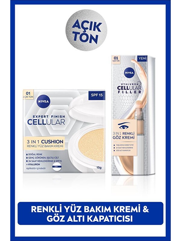 NIVEA SPF15 Cellular Expert Finish Cushion Renkli Yüz Bakım Kremi 15ml ve Göz Bakım Kremi 15ml, Açık Ton