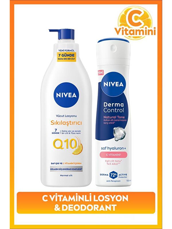 NIVEA Kadın Sprey Deodorant Derma Control Natural Tone 150ml ve Q10 Sıkılaştırıcı Losyon 400ml, C Vitamini