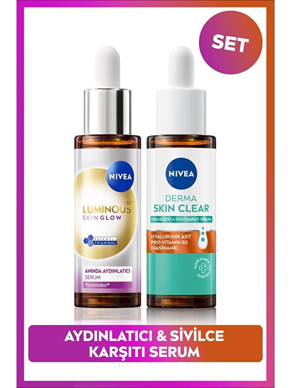 NIVEA Luminous630 Skin Glow Aydınlatıcı Serum 30ml ve Derma Skin Clear Sivilce Karşıtı Serum, Niasinamid
