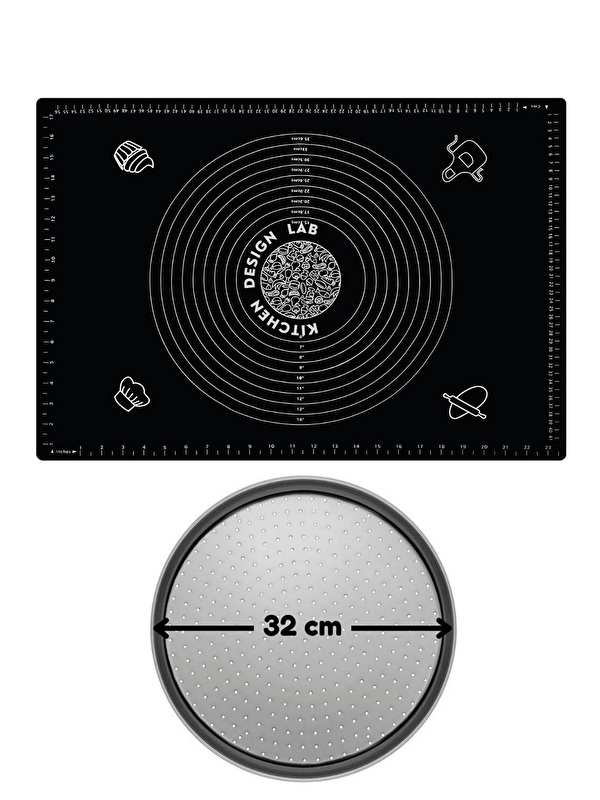 Kitchen Design Lab 2'li Set Siyah 45x65 cm Silikon Hamur Açma Matı ve Pizza Tepsisi 32 cm