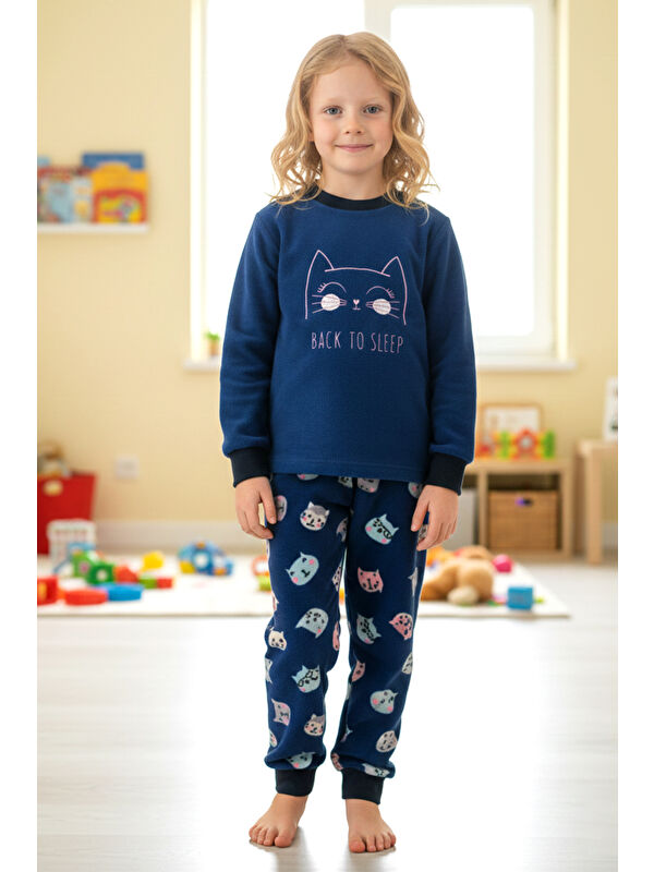 Remsa Kız Çocuk Kadife Polar Desenli Pijama Takımı 1682 Lacivert