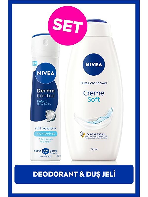 NIVEA Kadın Sprey Deodorant Derma Control Defend150ml ve Creme Soft Kremsi Dokunuş Duş Jeli 750ml,Hyaluron