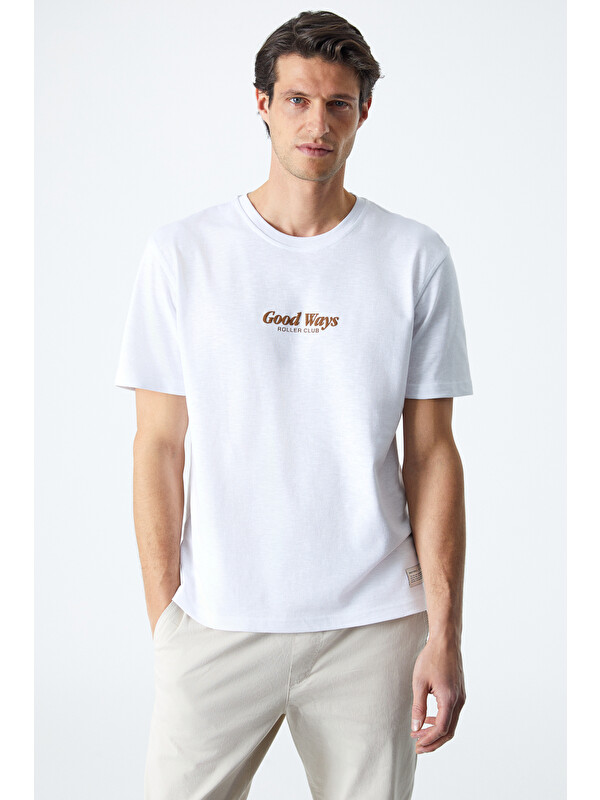 GRIMELANGE ROLL Erkek Baskı Detaylı %100 Organik Pamuklu Comfort Fit BEYAZ T-Shirt