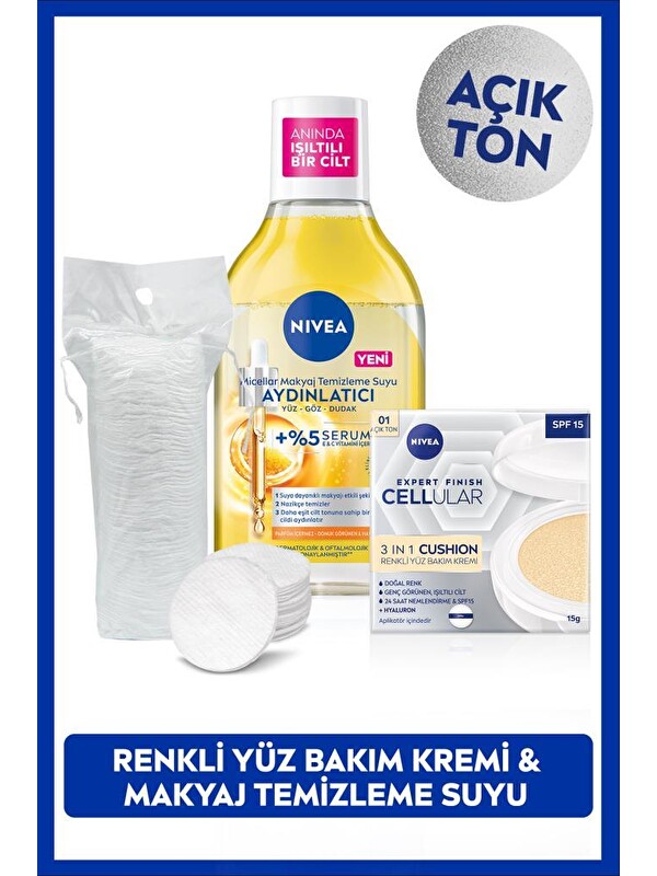 NIVEA Micellar Makyaj Temizleme Suyu 400ml ve Cellular Expert Cushion Yüz Güneş Krem,Açık Ton,Pamuk Hediye