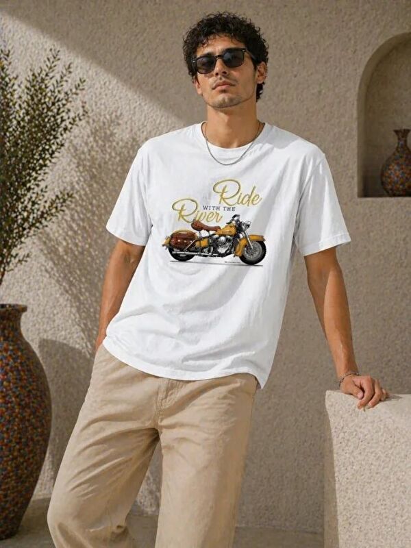Jane's Erkek Motosiklet Baskılı Tişört Bisiklet Yaka Kısa Kol Yazlık T-Shirt - Beyaz