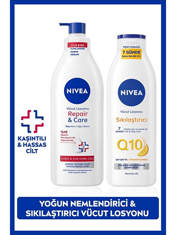 NIVEA Q10 Sıkılaştırıcı Vücut Losyonu 250ml ve Repair&Care Nemlendirici Losyon 400ml, Kaşıntı Rahatlatıcı
