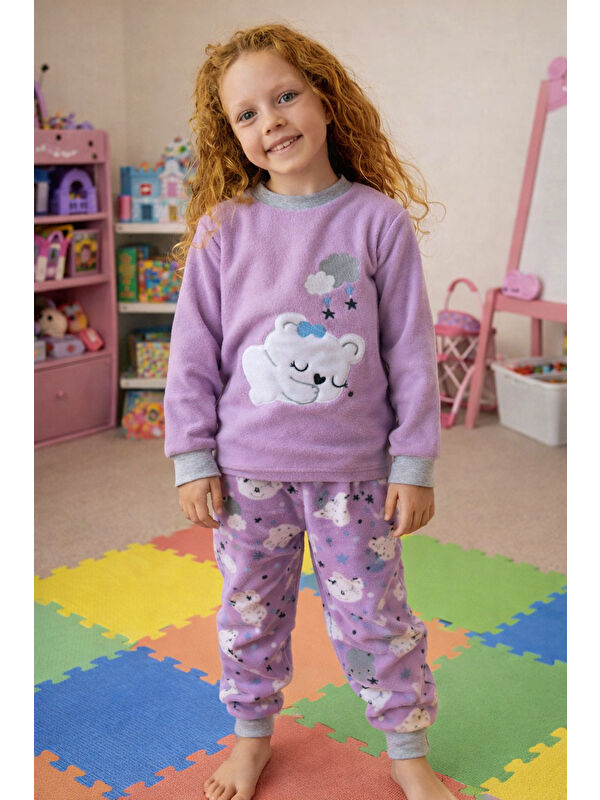 Remsa Kız Çocuk Kadife Polar Desenli Pijama Takımı 1680 Lila