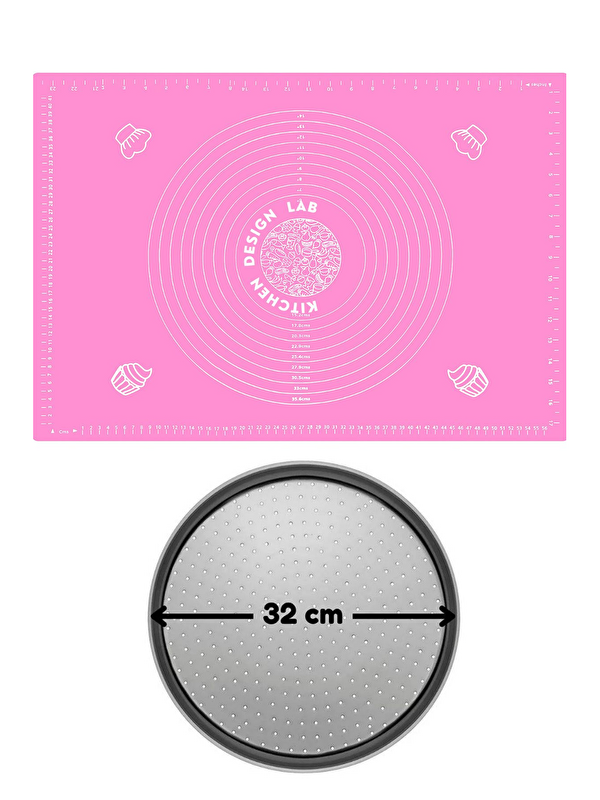 Kitchen Design Lab 2li Set Pembe 45x65 cm Silikon Hamur Açma Matı ve Pizza Tepsisi 32 cm