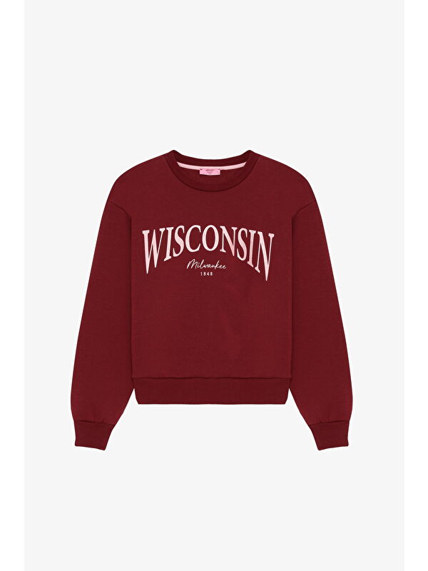 QUZU Wisconsin Baskılı Bisiklet Yaka Oversize Sweatshirt Mürdüm