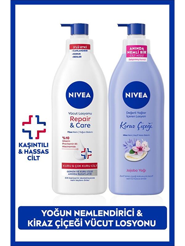 NIVEA Kiraz Çiçeği Vücut Losyonu ve Repair&Care Nemlendirici Losyon 400ml, Kaşıntı Rahatlatıcı, Kuru Cilt