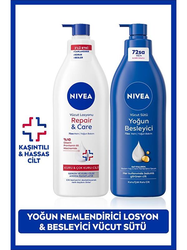 NIVEA Besleyici Vücut Sütü 400ml ve Repair&Care Nemlendirici Losyon 400ml, Rahatlatıcı, Kuru Cilt