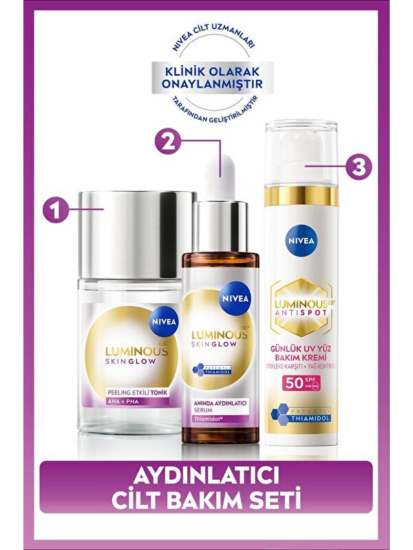 NIVEA SPF50 Luminous630 Leke Karşıtı Gündüz Yüz Kremi 40ml,Skin Glow Aydınlatıcı Serum 30ml ve Tonik 100ml