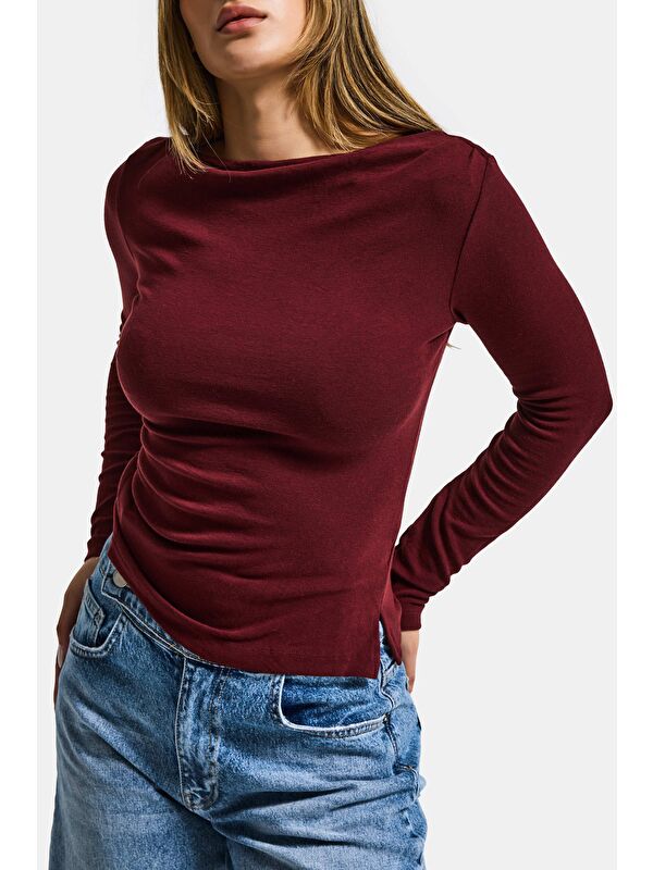 It's Basic Kadın Bordo w5 %100 Pamuk Asimetrik Kesim Esnek Bluz Body