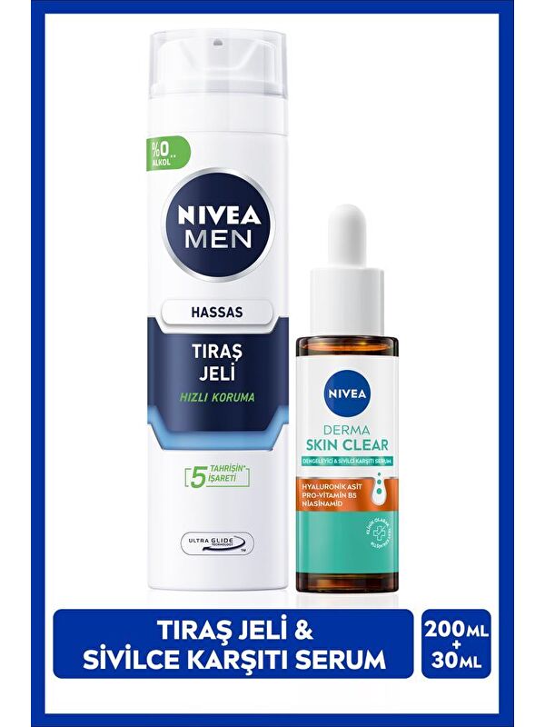 NIVEA MEN Erkek Hassas Tıraş Jeli 200ml ve Derma Skin Clear Sivilce Karşıtı Serum 30ml, Cilt Bakım Seti