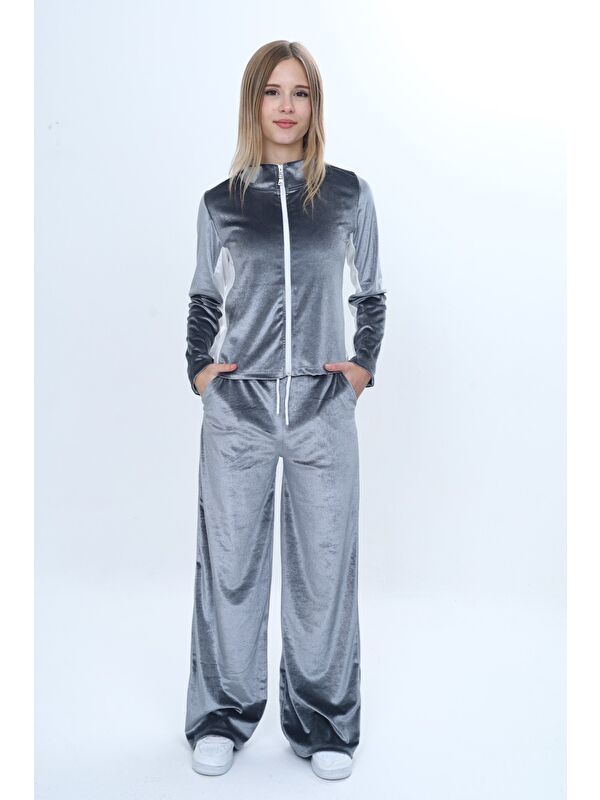 Toontoykids Kız Çocuk 2'li Takım Fermuarlı Cepli Sweatshirt & Beli Lastikli Bol Paça Cepli Eşofman Alt
