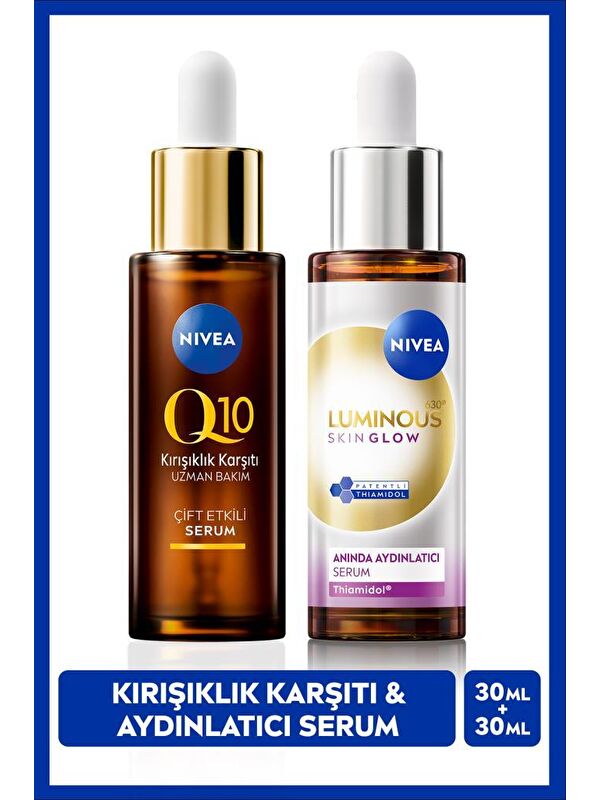 NIVEA Luminous630 Skin Glow Anında Aydınlatıcı Cilt Bakım Serumu 30ml ve Q10 Kırışıklık Karşıtı Serum 30ml