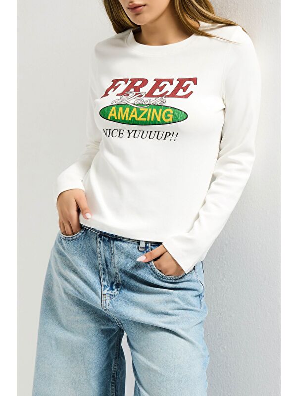 It's Basic Kadın Beyaz w5 Free Amazing Baskılı Tasarım Sweatshirt
