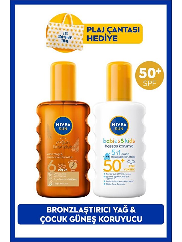 NIVEA SUN SPF50 Çocuklar İçin Hassas Güneş Koruyucu Sprey 200ml ve Bronzlaştırıcı Güneş Yağı,Çanta Hediye