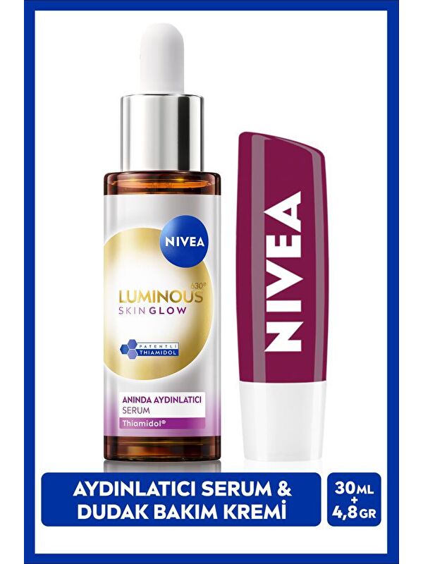 NIVEA Luminous630 Skin Glow Anında Aydınlatıcı Serum 30ml ve Böğürtlen Nemlendirici Dudak Bakım Kremi4,8gr