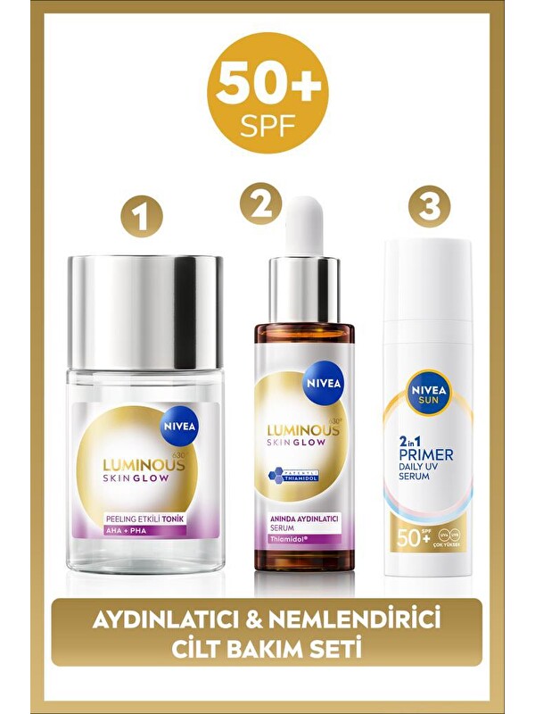 NIVEA SUN SPF50 Primer Nemlendirici Makyaj Bazı 30ml, Luminous630 Skin Glow Cilt Serum 30ml ve Tonik 100ml