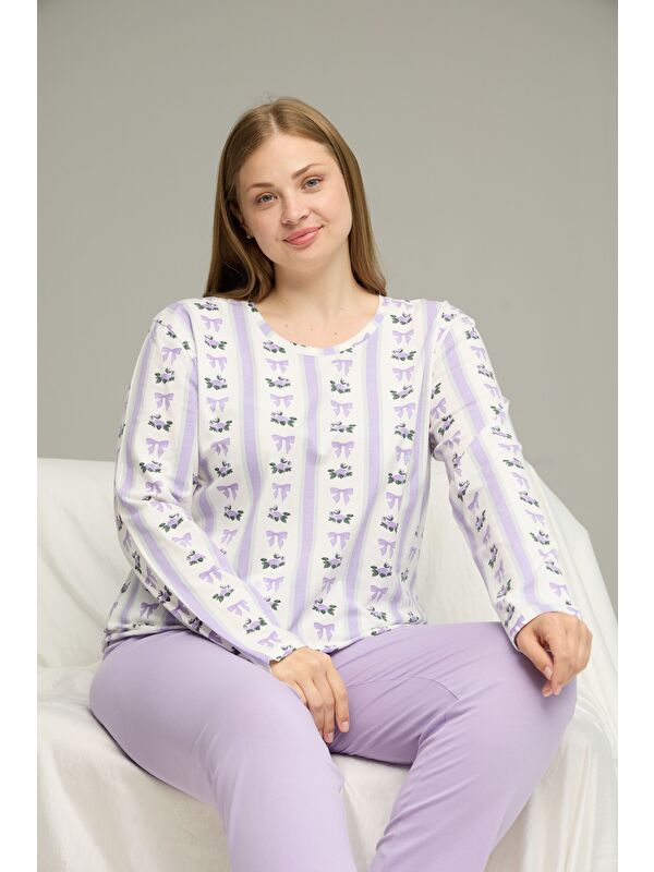 Siyah İnci Lila Desenli Curve Büyük Beden Battal Boy Pamuklu Pijama Takım25240856