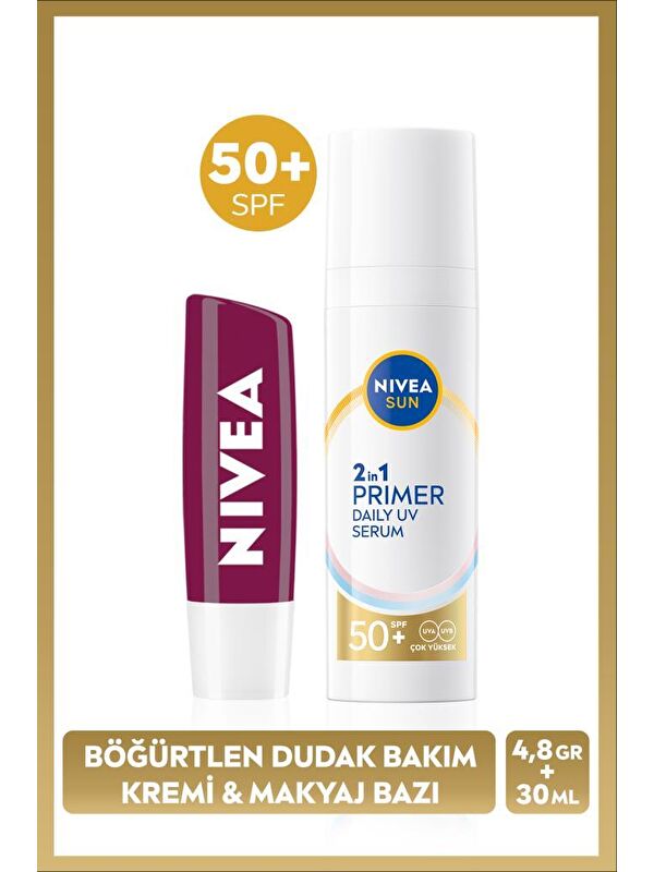 NIVEA SUN SPF50 Primer Nemlendirici Makyaj Bazı 30ml ve Böğürtlen Nemlendirici Dudak Kremi ve Parlatıcısı