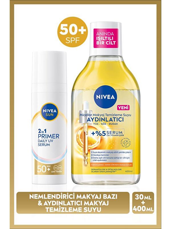NIVEA SUN SPF50 Güneş Koruyucu Primer Nemlendirici Makyaj Bazı 30ml ve Micellar Makyaj Temizleme Suyu400ml