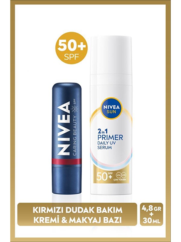 NIVEA SUN SPF50 Güneş Koruyucu Primer Nemlendirici Makyaj Bazı30ml ve Kırmızı Renk Nemlendirici Dudak Krem