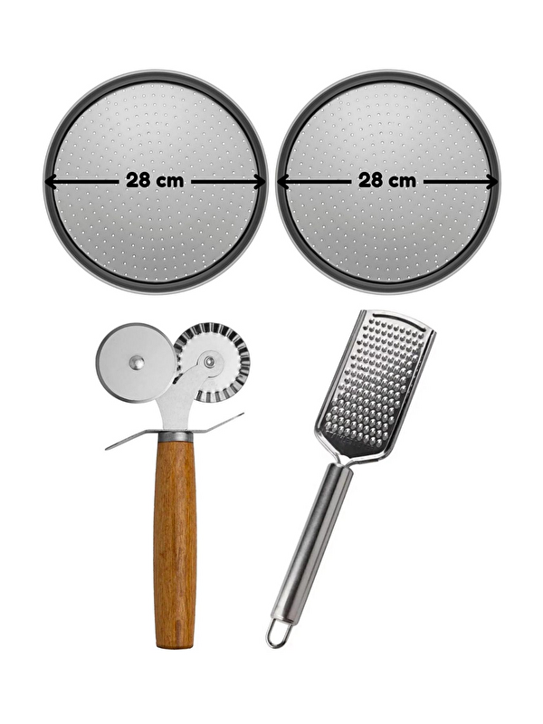 Kitchen Design Lab Küçük Boy Delikli Pizza Tepsisi 28 cm x 2 Adet Çift Başlı Pizza Ruleti ve Çelik Peynir Rendesi