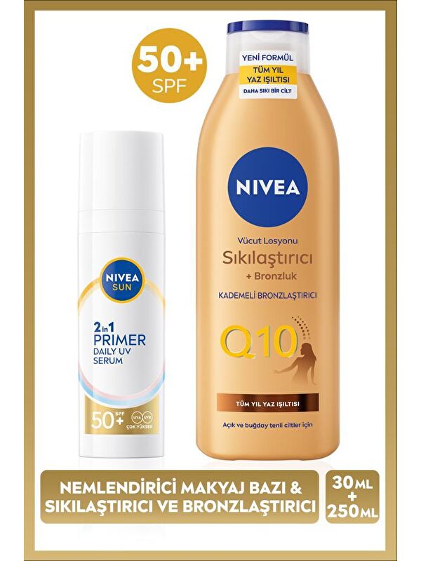 NIVEA SUN SPF50 Güneş Koruyucu Nemlendirici Makyaj Bazı 30ml ve Sıkılaştırıcı Bronzluk Vücut Losyonu 250ml