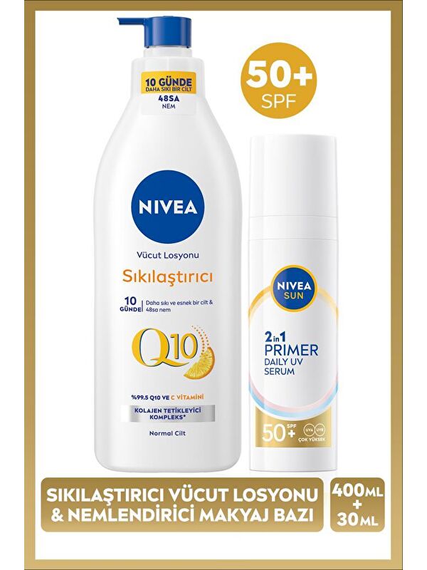 NIVEA SUN SPF50 Güneş Koruyucu Nemlendirici Primer Makyaj Bazı 30ml ve Q10 Sıkılaştırıcı Vücut Losyon400ml