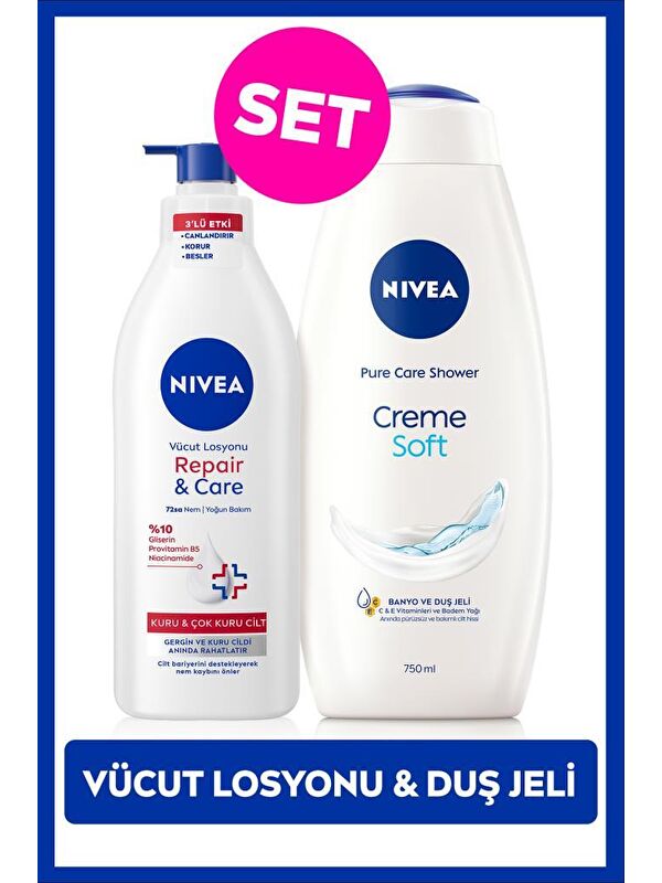 NIVEA Creme Soft Banyo ve Duş Jeli 750ml ve Repair&Care Yoğun Nemlendirici Vücut Losyonu 400ml, Kuru Cilt