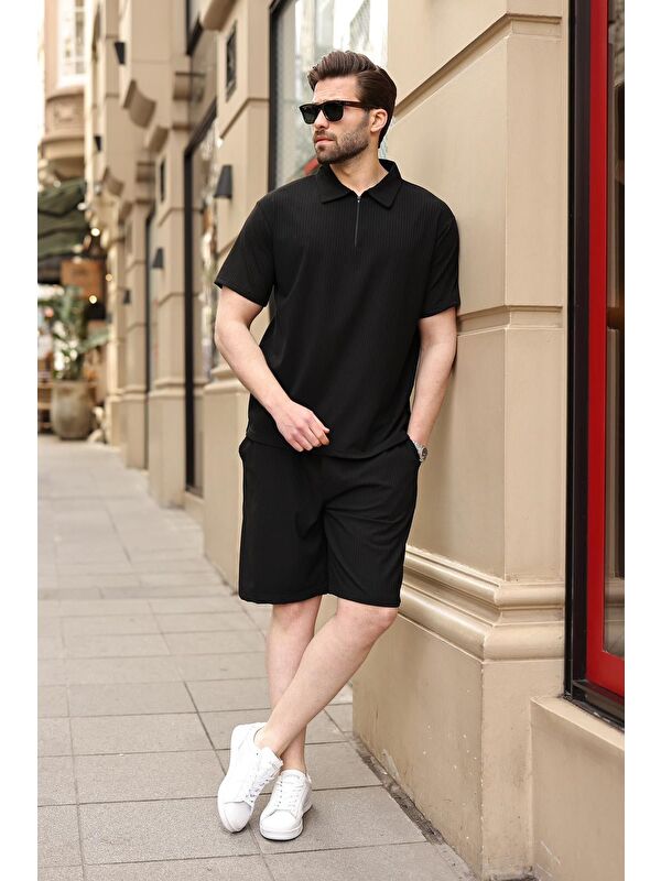 Madmext Siyah Polo Yaka T-Shirt Şort Takım E7363