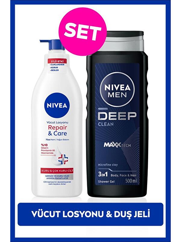 NIVEA MEN Erkek Deep Dimension Duş Jeli 500ml ve Repair&Care Nemlendirici Vücut Losyonu 400ml, Kuru Cilt
