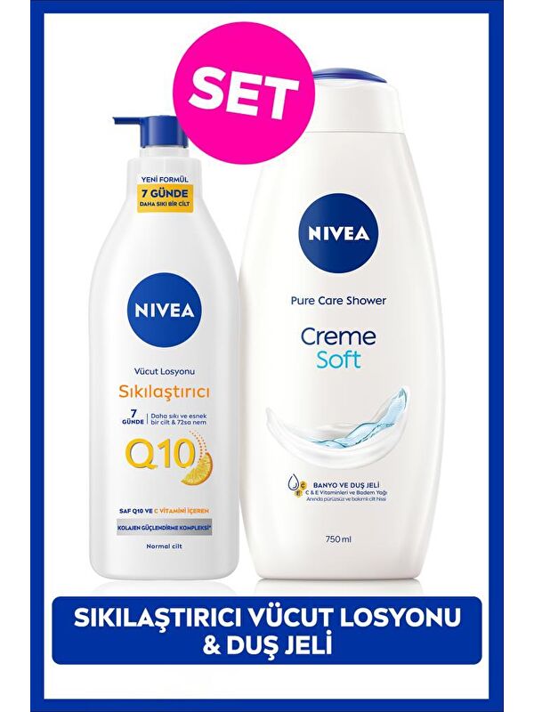 NIVEA Creme Soft Kremsi Dokunuş Duş Jeli 750ml ve Q10 Sıkılaştırıcı Nemlendrici Vücut Bakım Losyonu 400ml