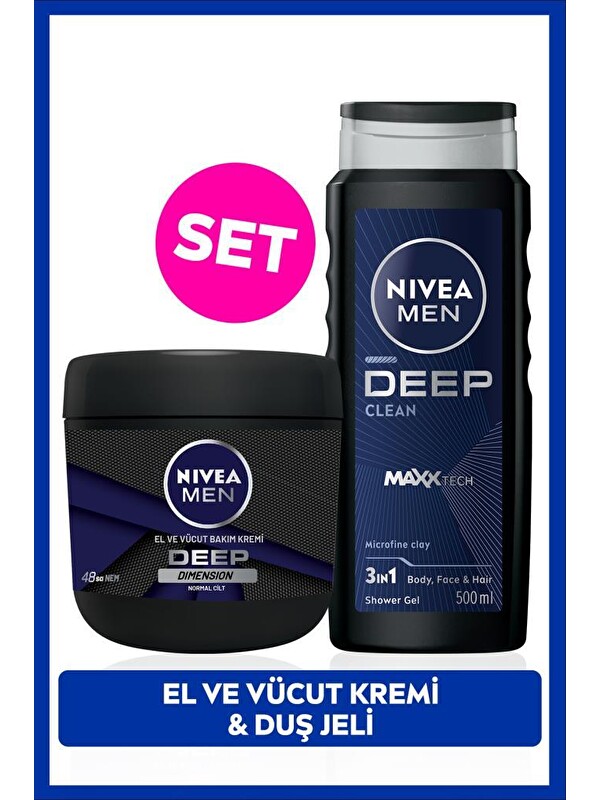 NIVEA MEN Erkek Damat Çeyiz Seti Deep Dimension Duş Jeli 500ml ve Nemlendirici El Vücut Bakım Kremi 400ml