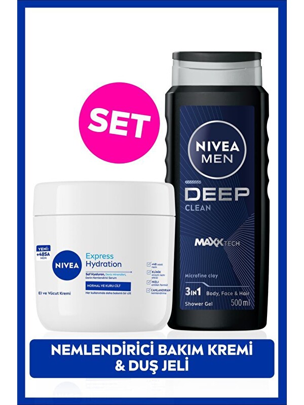 NIVEA MEN Erkek Deep Dimension Banyo Duş Jeli 500ml ve Yoğun Nemlendirici El Ve Vücut Bakım Kremi 400ml