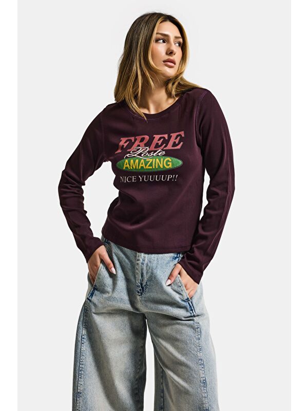 It's Basic Kadın Kahve Bordo w5 Free Amazing Baskılı Tasarım Sweatshirt