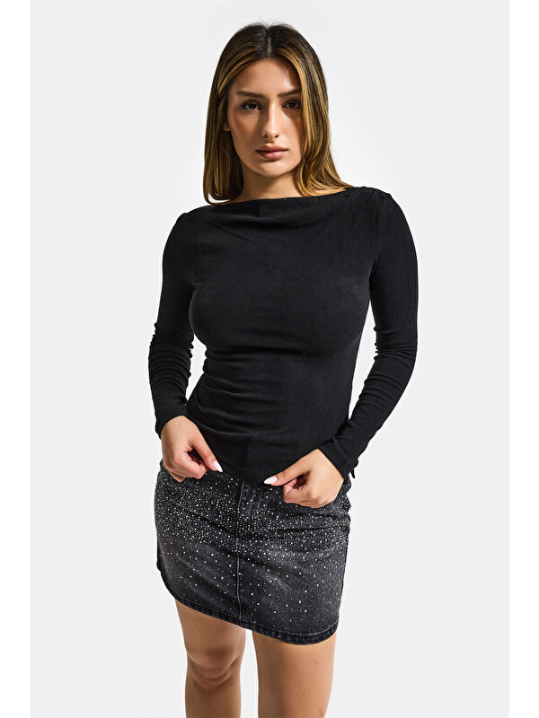 It's Basic Kadın Siyah w5 %100 Pamuk Asimetrik Kesim Esnek Bluz Body