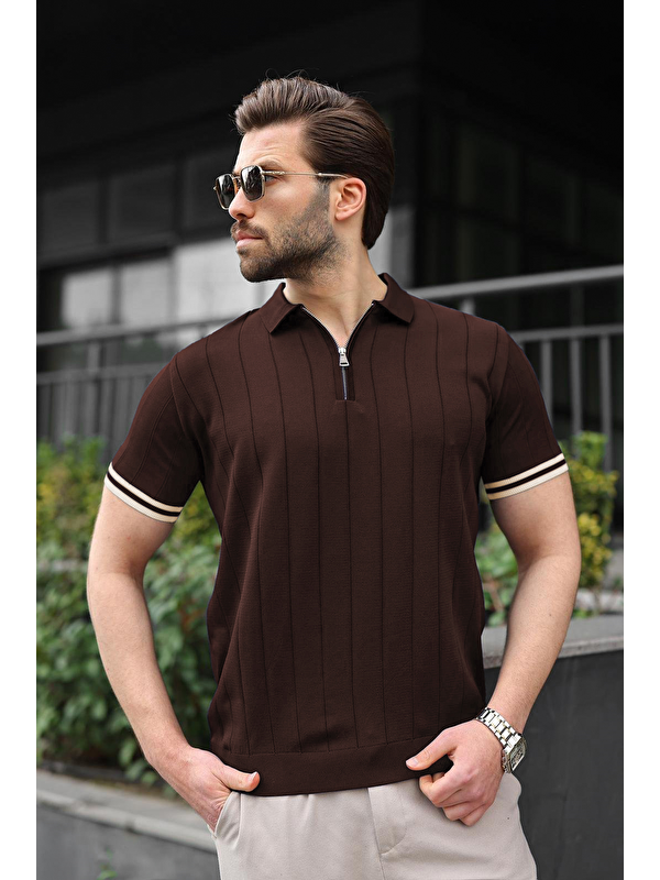 Madmext Erkek Kahverengi Polo Yaka Fermuarlı Tişört 6876