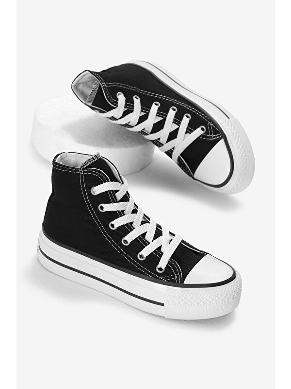 TONNY BLACK Çocuk Unisex Siyah Termo Kalın Taban Bağcıklı Uzun Keten Spor Ayakkabı