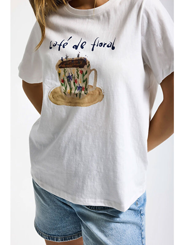 It's Basic Kadın Beyaz w5 Oversize Özel Baskılı Tasarım T-Shirt