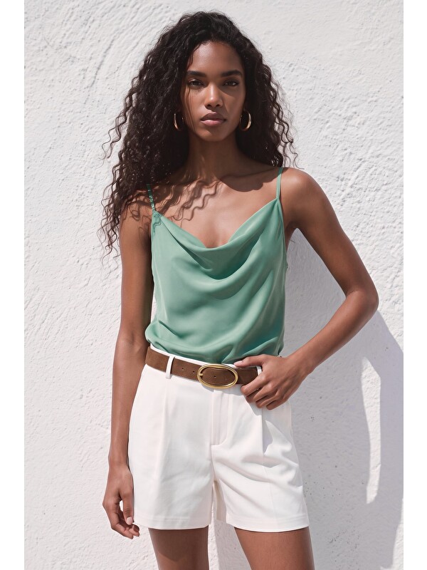 SATEEN Askılı Degaje Yaka Bluz - Mint