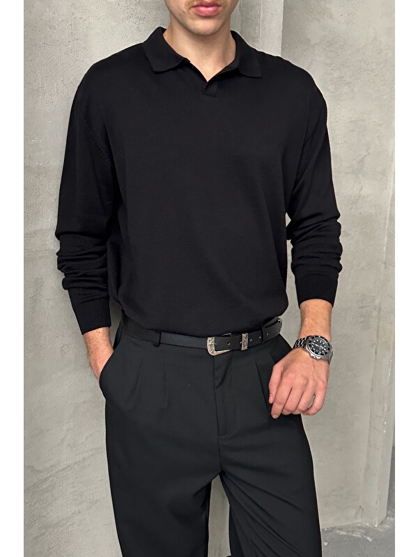 HYMAN Erkek Pamuklu Polo Yaka Oversize Triko Kazak